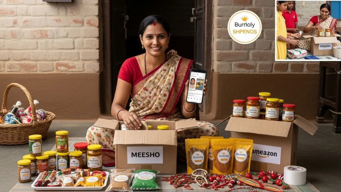 A rural Indian woman packing homemade pickle jars in a clean village home, using her smartphone to manage her online shop on Amazon or Meesho, showcasing self-employment and local product selling from home.
